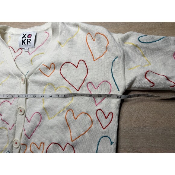 Kerri Rosenthal Embroidered Hearts Cardigan Cream Rainbow Size Small - Picture 6 of 7